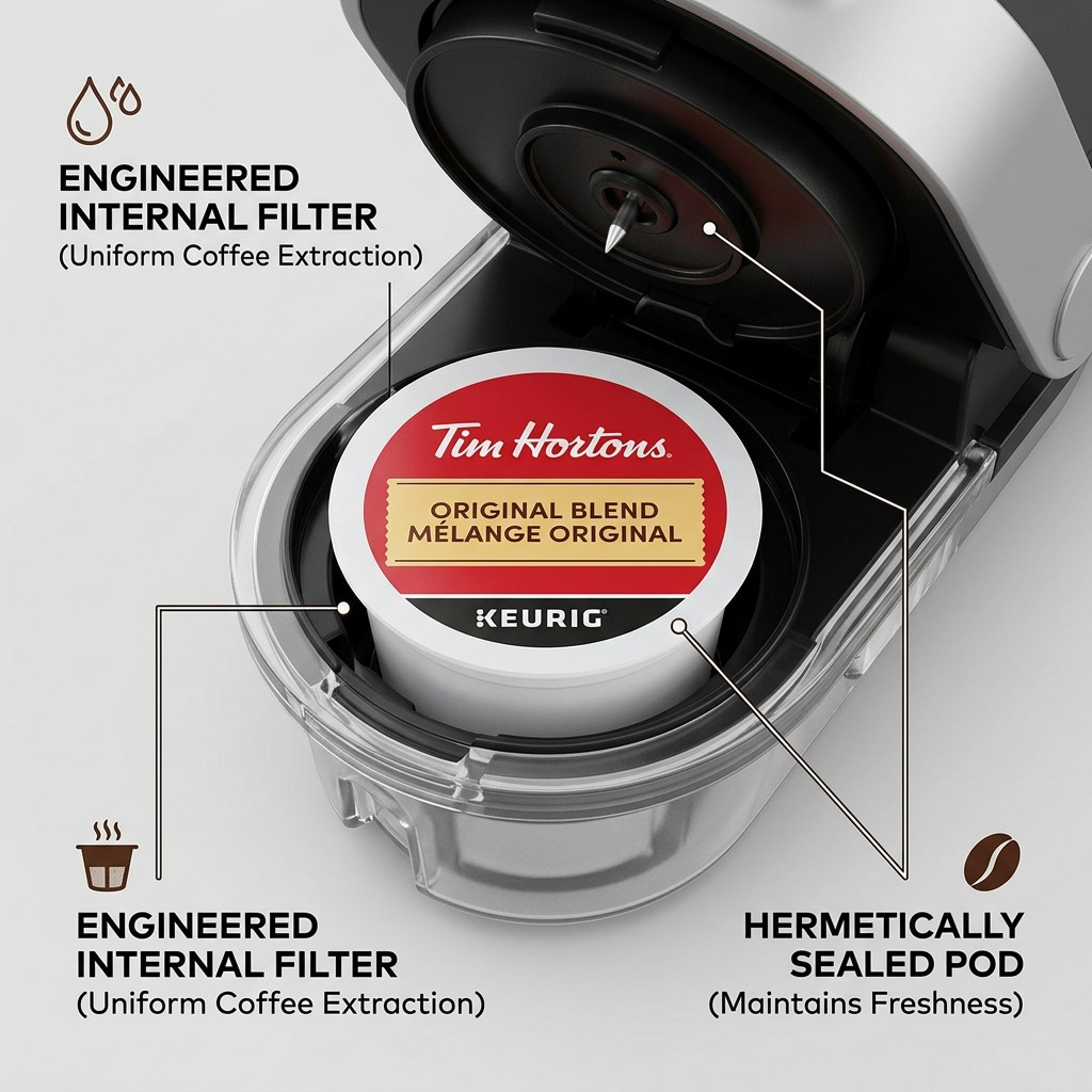 Tim Hortons K-Cup in a brewer with callouts: Internal Filter and Hermetically Sealed Pod.