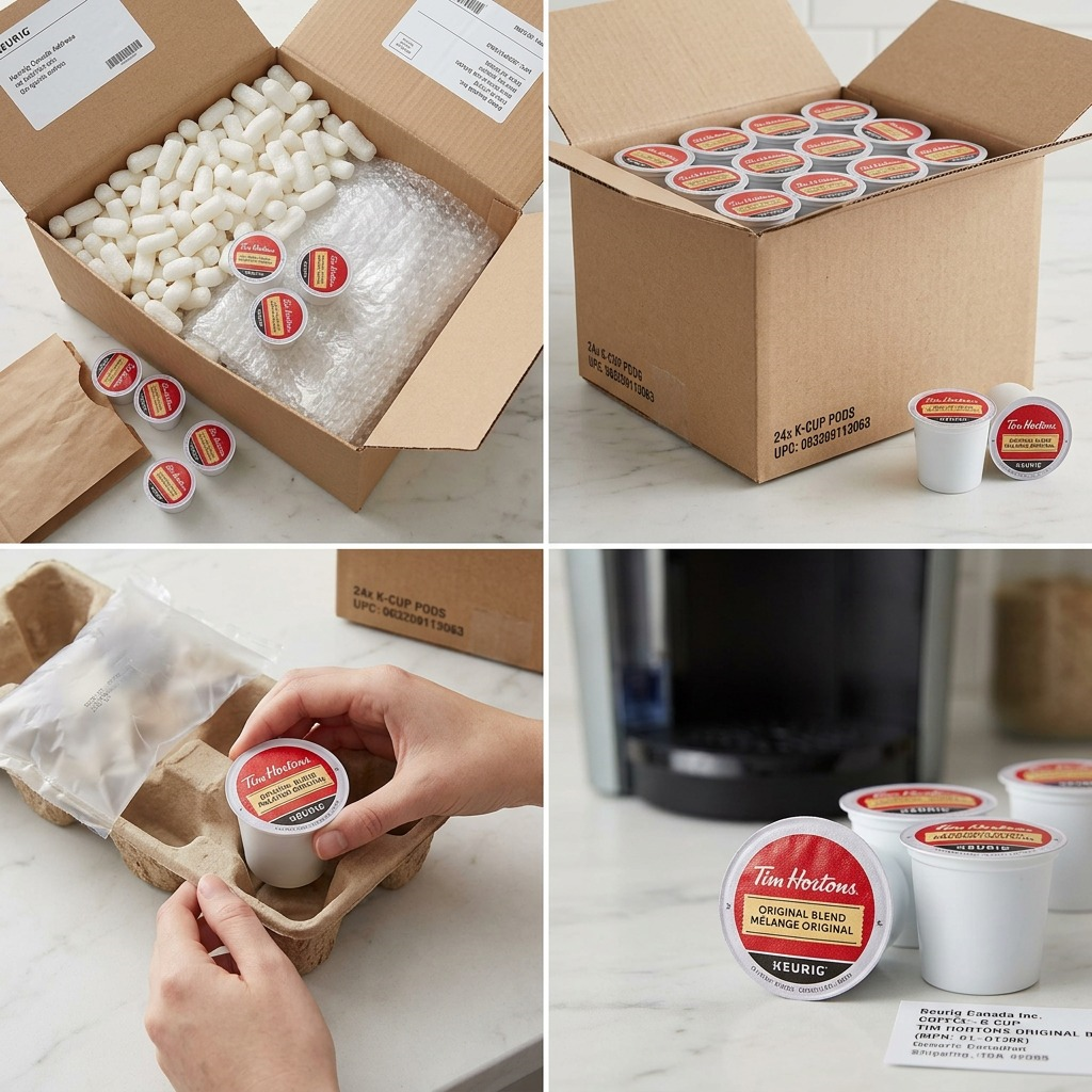 Unboxing a shipping box, revealing several protected K-Cup Tim Hortons coffee pods and secure packaging.