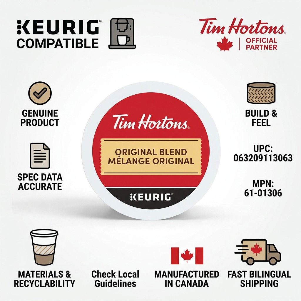 Infographic matrix highlighting facts, compatibility, and fast Canadian shipping for the Tim Hortons Original Blend K-Cup.