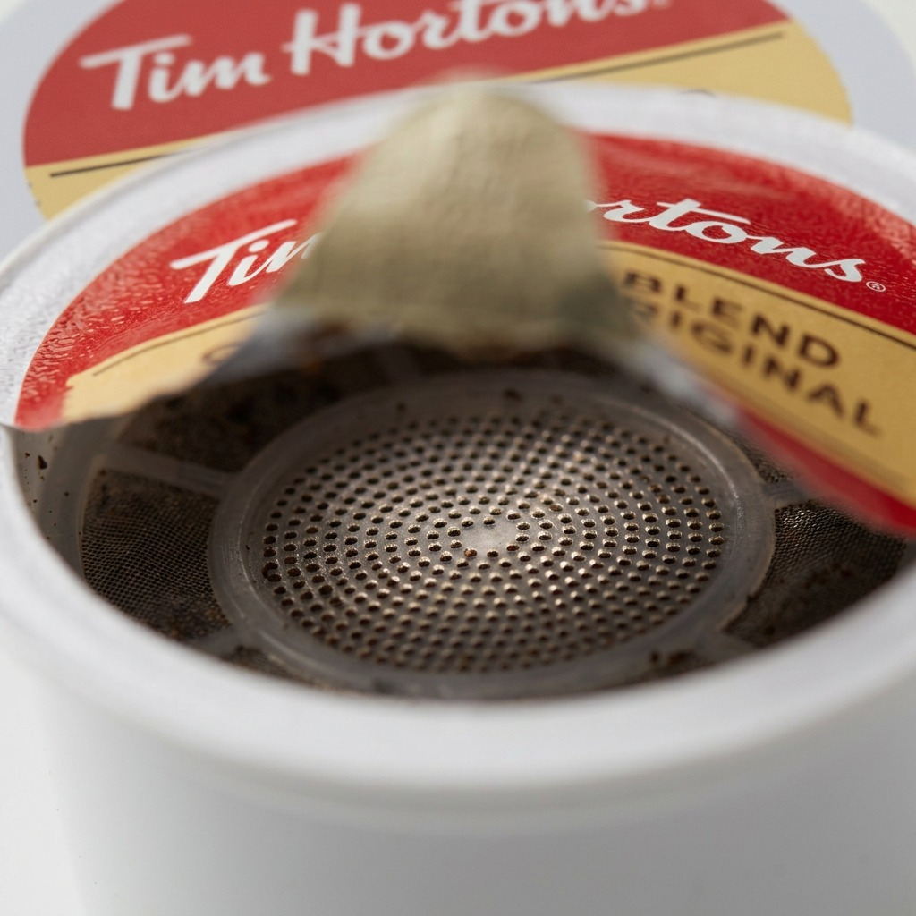 A macro eye-level shot focusing on the micro-perforated area of the K-Cup filter, with shallow depth of field. The image is neutral-toned, well-lit, and highlights the fine texture of the filter material.
