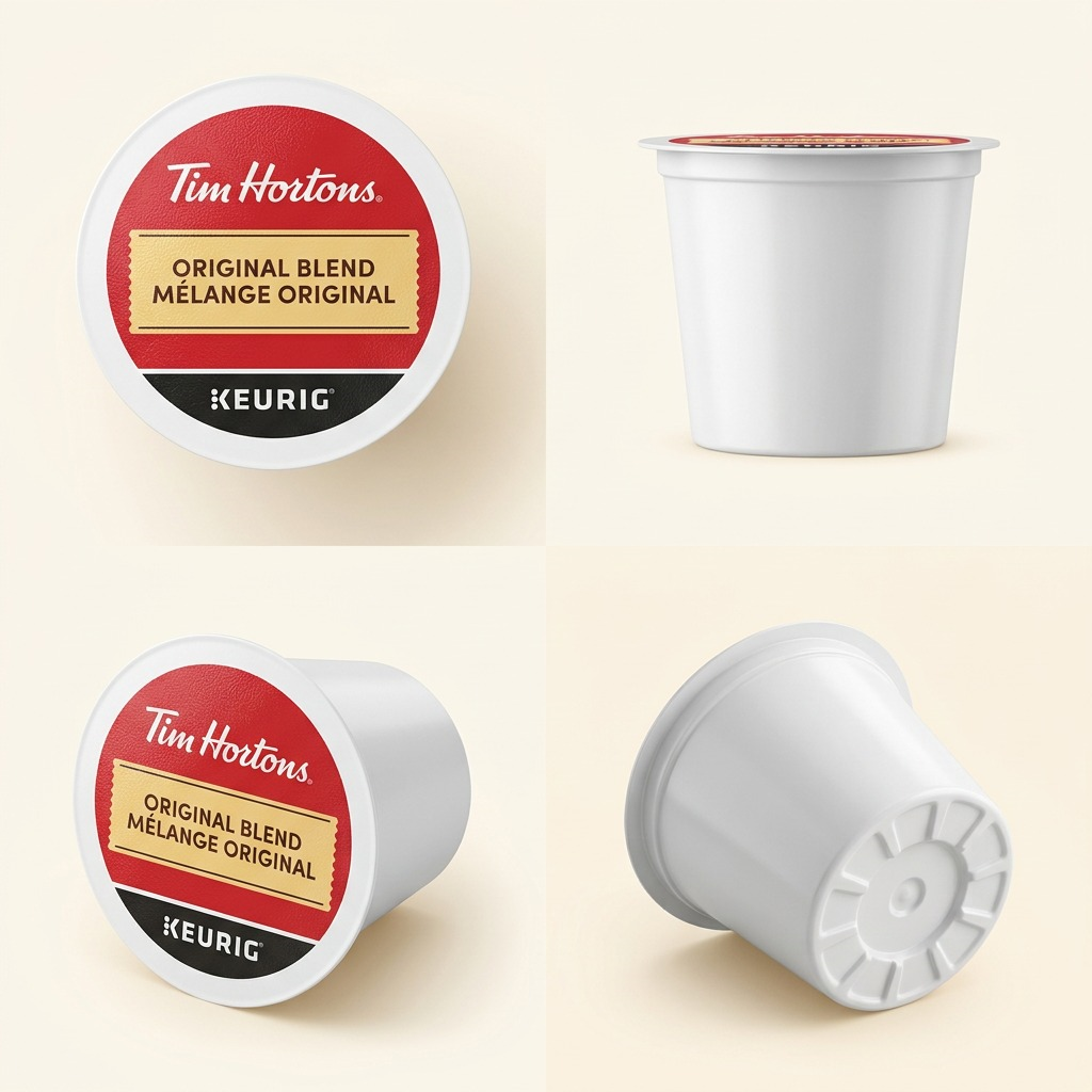 A 2x2 ecommerce grid showcasing the single Tim Hortons K-Cup from four distinct angles, like top and side.