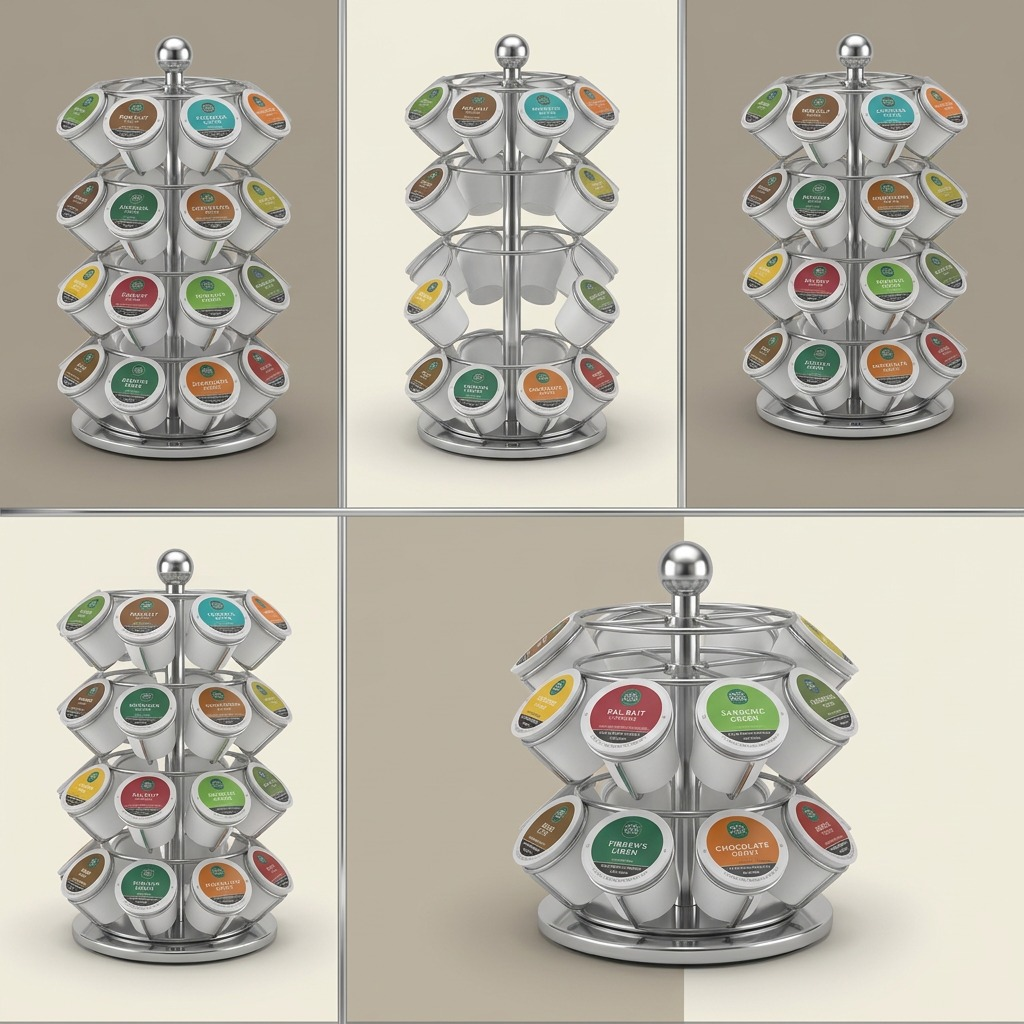 Multi-view matrix of the chrome Keurig K-Cup carousel, displaying different useful angles and loading options.