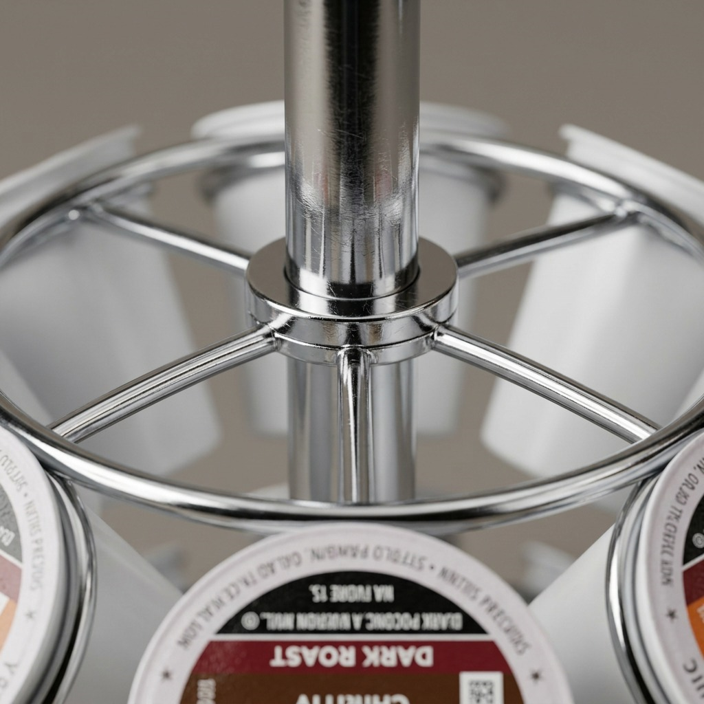 A macro photo focuses on a chrome joint of the Keurig pod carousel, highlighting the smooth metal and fine print quality on the k-cups.
