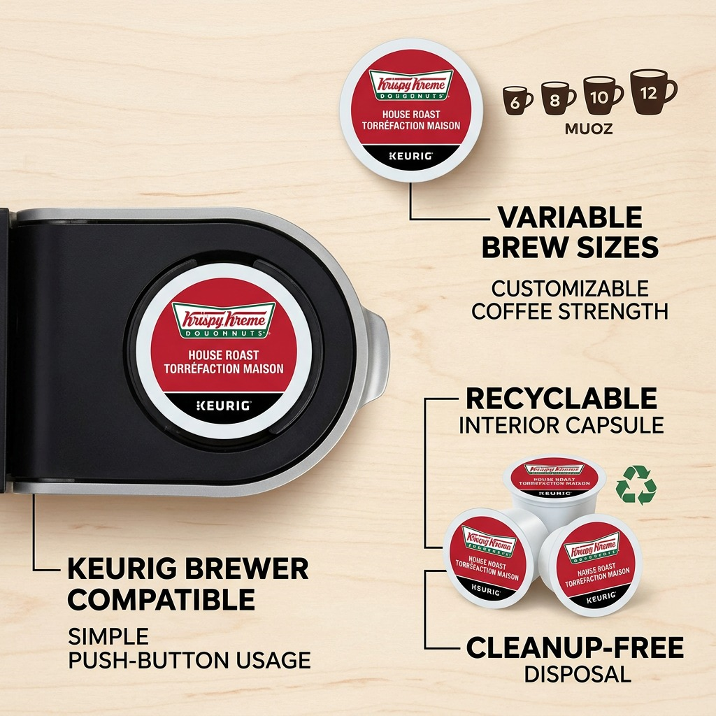 Operational feature callout graphic for Krispy Kreme Keurig K-Cup coffee pods.