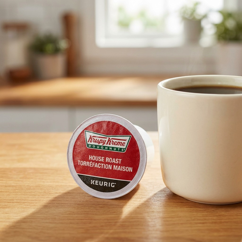Close-up of a Krispy Kreme House Roast Keurig K-Cup by a ceramic mug on a wooden countertop.