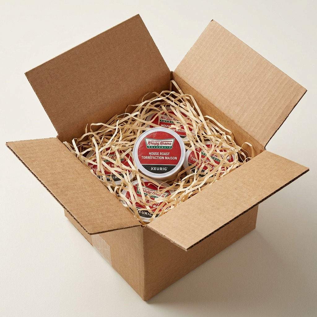 A premium unboxing scene showing a secure shipping box, shredded paper fill, and the Krispy Kreme K-Cup close-up.