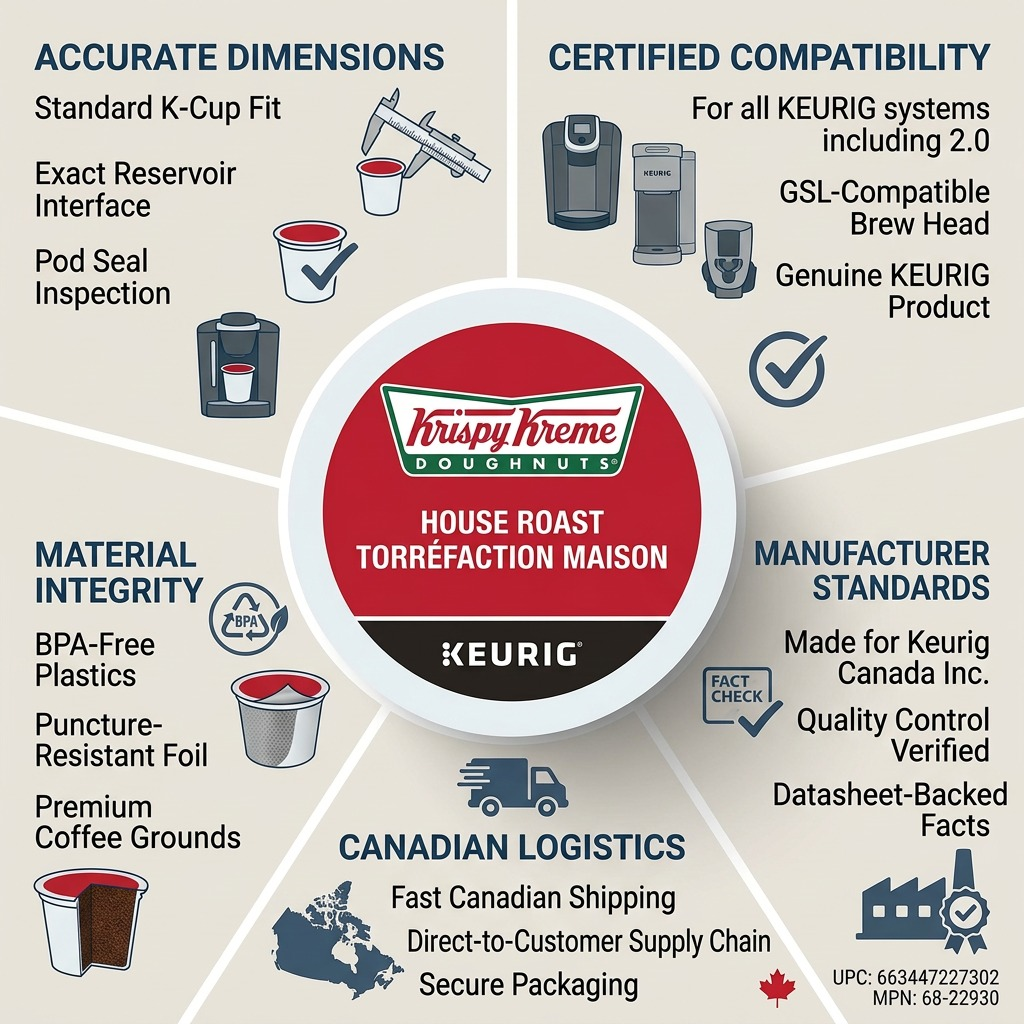 A trust and authority infographic template with a central K-Cup pod and surrounding feature icons. This visualization highlights standard dimensions, compatibility, material integrity, manufacturer standards, and fast Canadian shipping. It includes sections to incorporate specific SKU and MPN data.