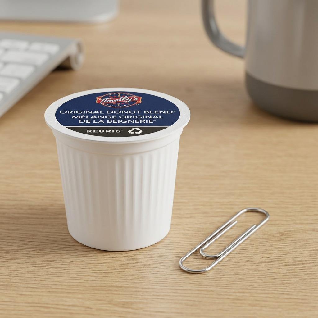 Timothy's Original Donut Blend K-Cup pod with detailed lid and textured body.