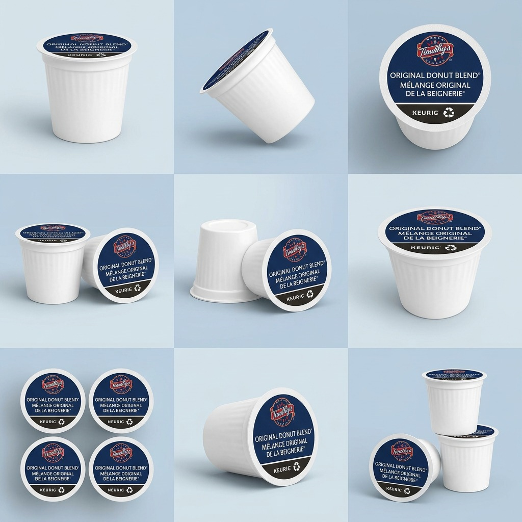 Keurig matrix: multiple angles of a single Timothy's Original Donut Blend K-Cup on clean panels.