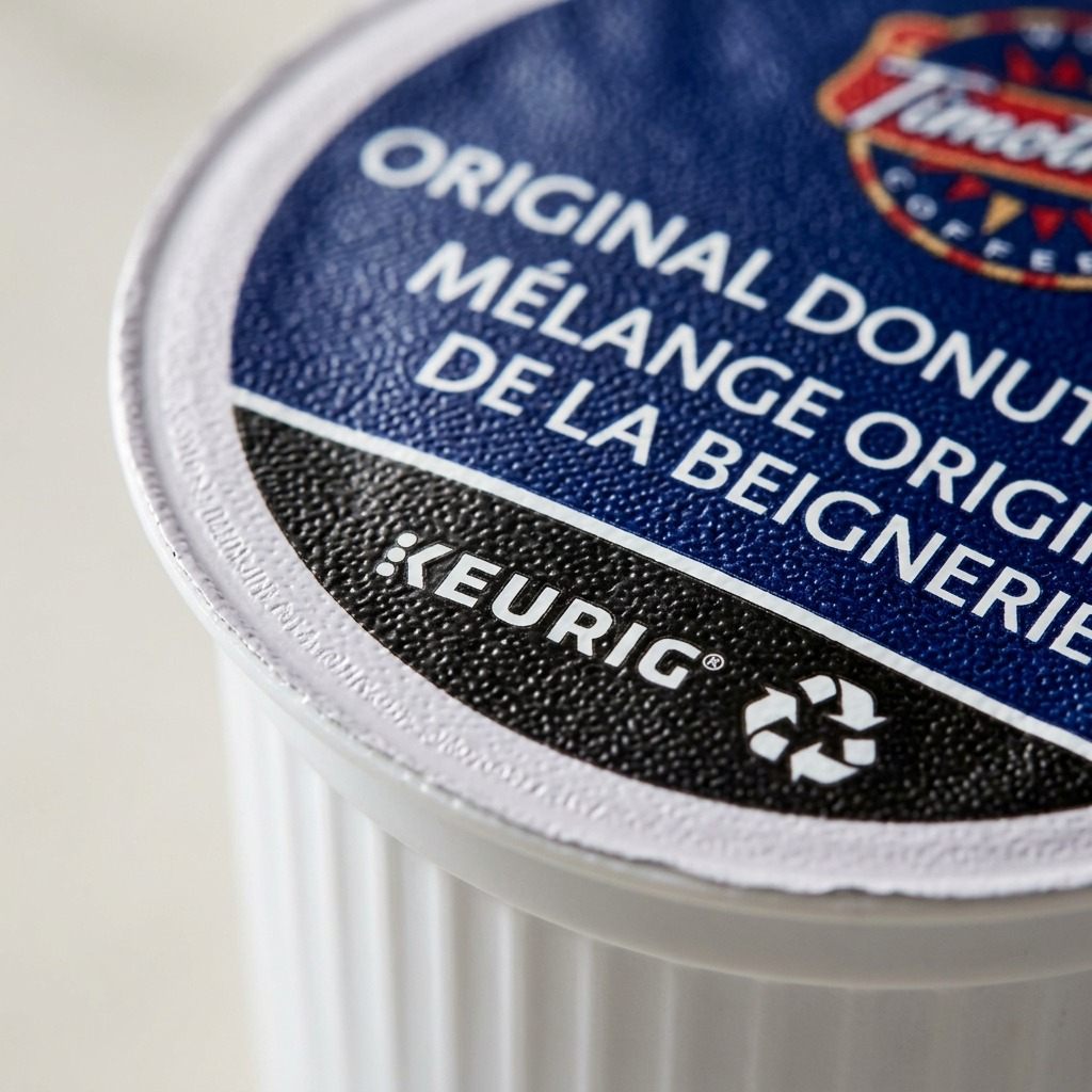 A detailed macro close-up inspecting the rim and textured foil lid of a single Keurig K-Cup pod.