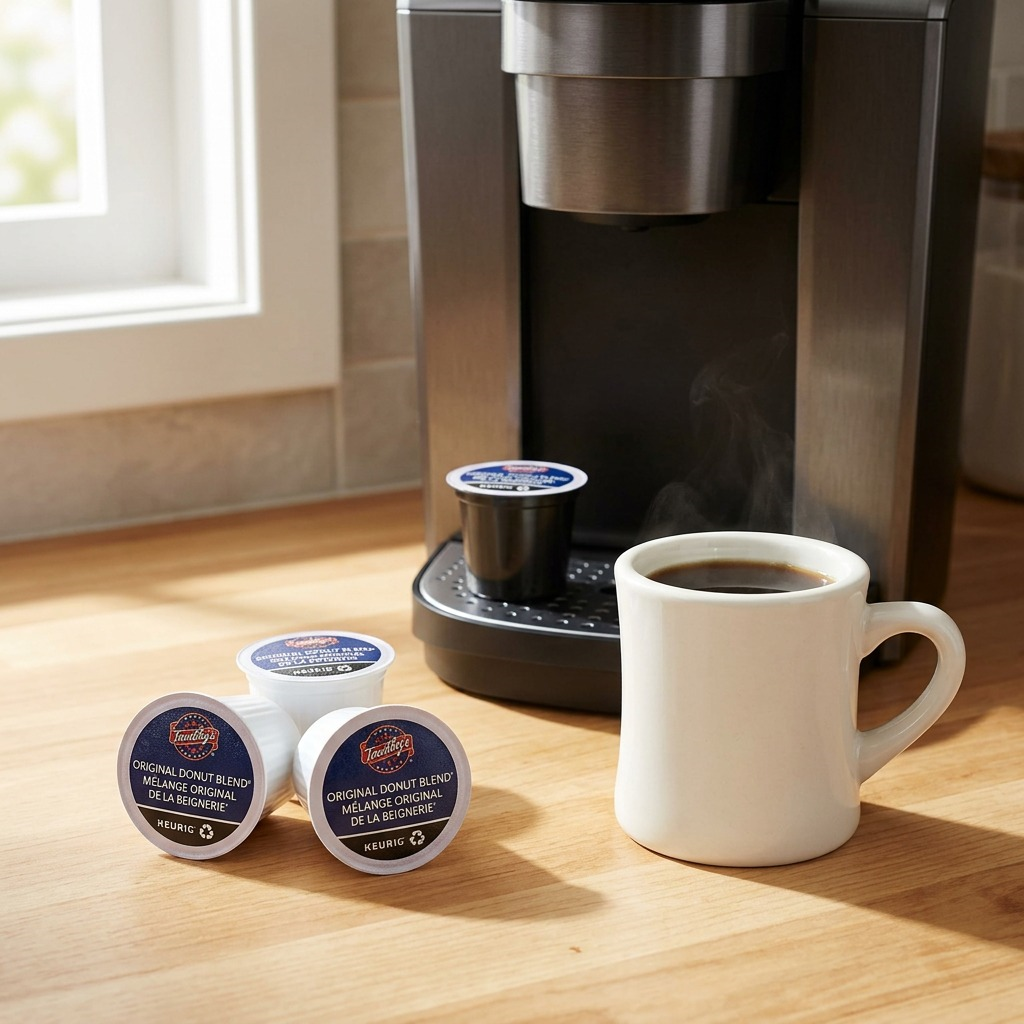 A photorealistic close-up of a Timothy's Original Donut Blend K-Cup pod sitting next to a steaming mug on a wooden kitchen counter.<ctrl46>