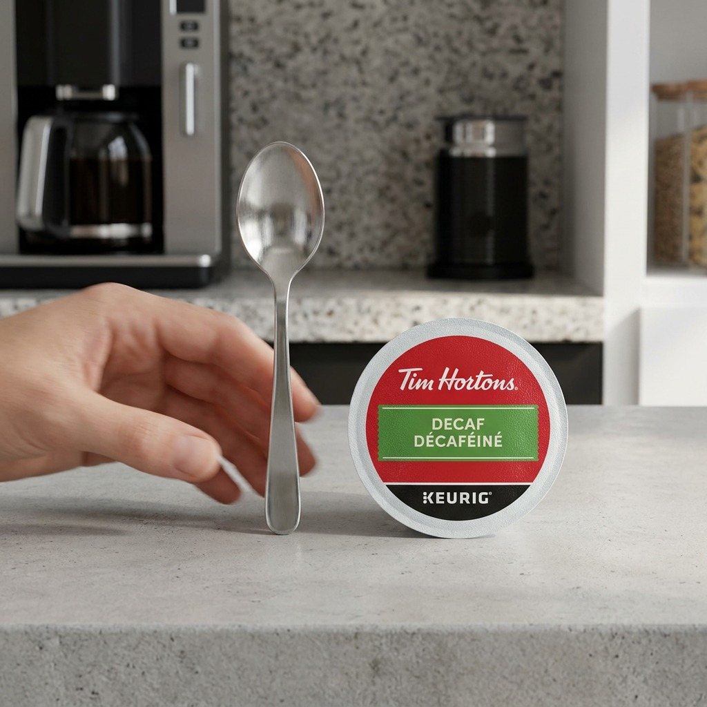 A K-Cup pod and a metal teaspoon on an oak surface, showing relative size.