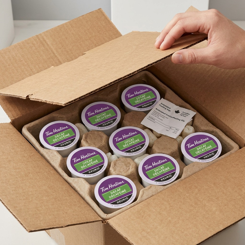A matrix image of multiple Tim Hortons Decaf K-Cups safely packed in protective shipping materials.