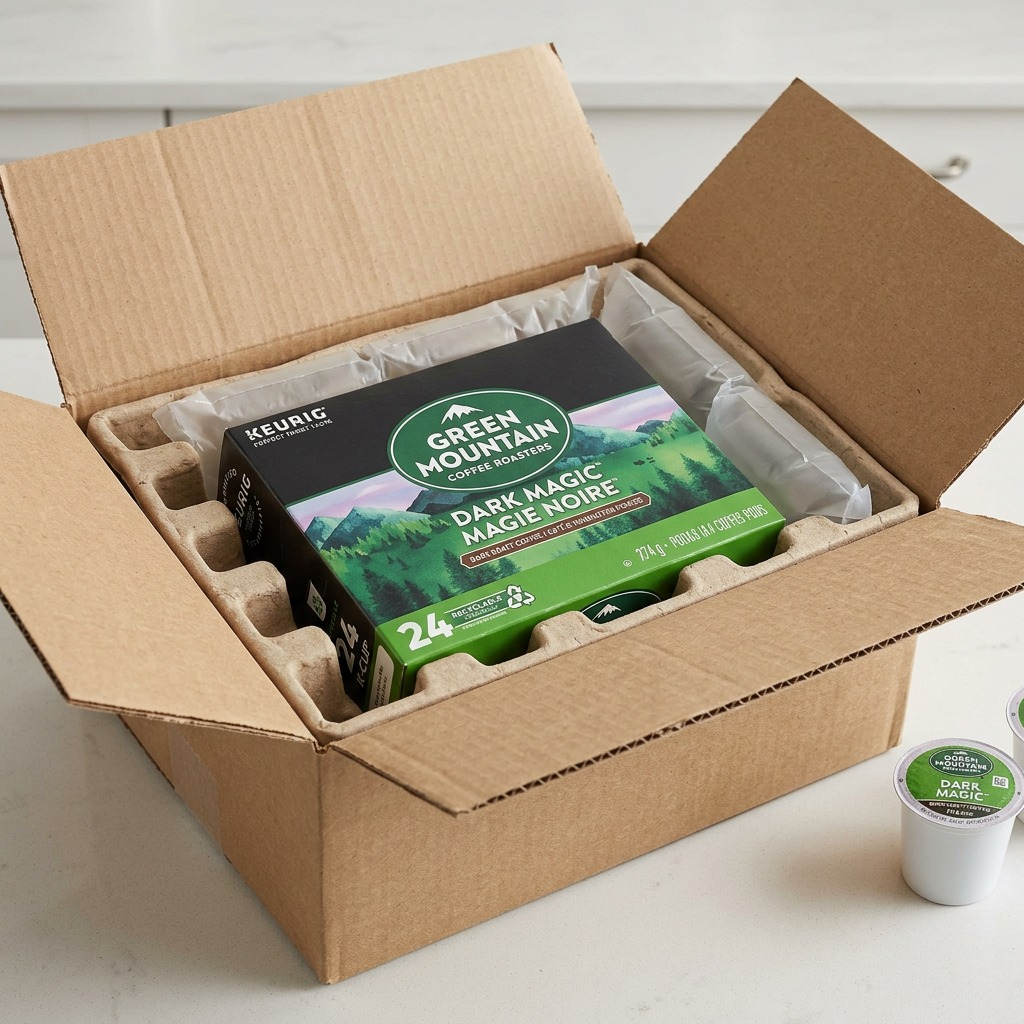 A close-up photograph focuses on a neatly packaged box of Green Mountain Dark Magic coffee pods protected inside a custom protective foam and cardboard layer, conveying safe delivery.