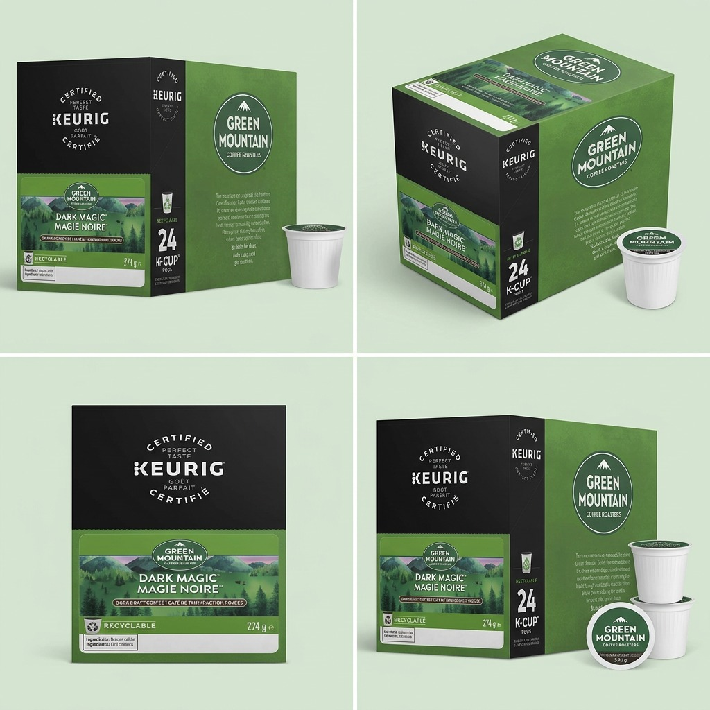A matrix of three different angled views of the Keurig Green Mountain Dark Magic 24-count K-Cup box.