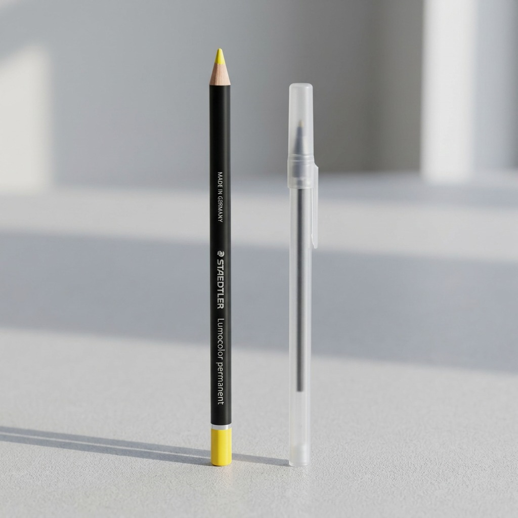 A clean, high-resolution hero shot on white, featuring the STAEDTLER Lumocolor yellow dry marker pencil.