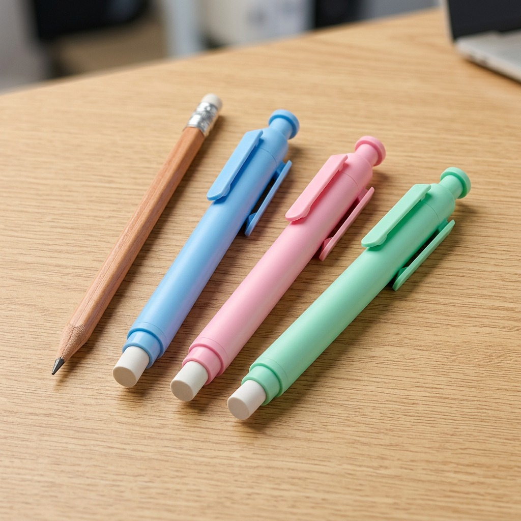 A high-definition product image of three STAEDTLER retractable stick erasers in blue, pink, and green on a white background.