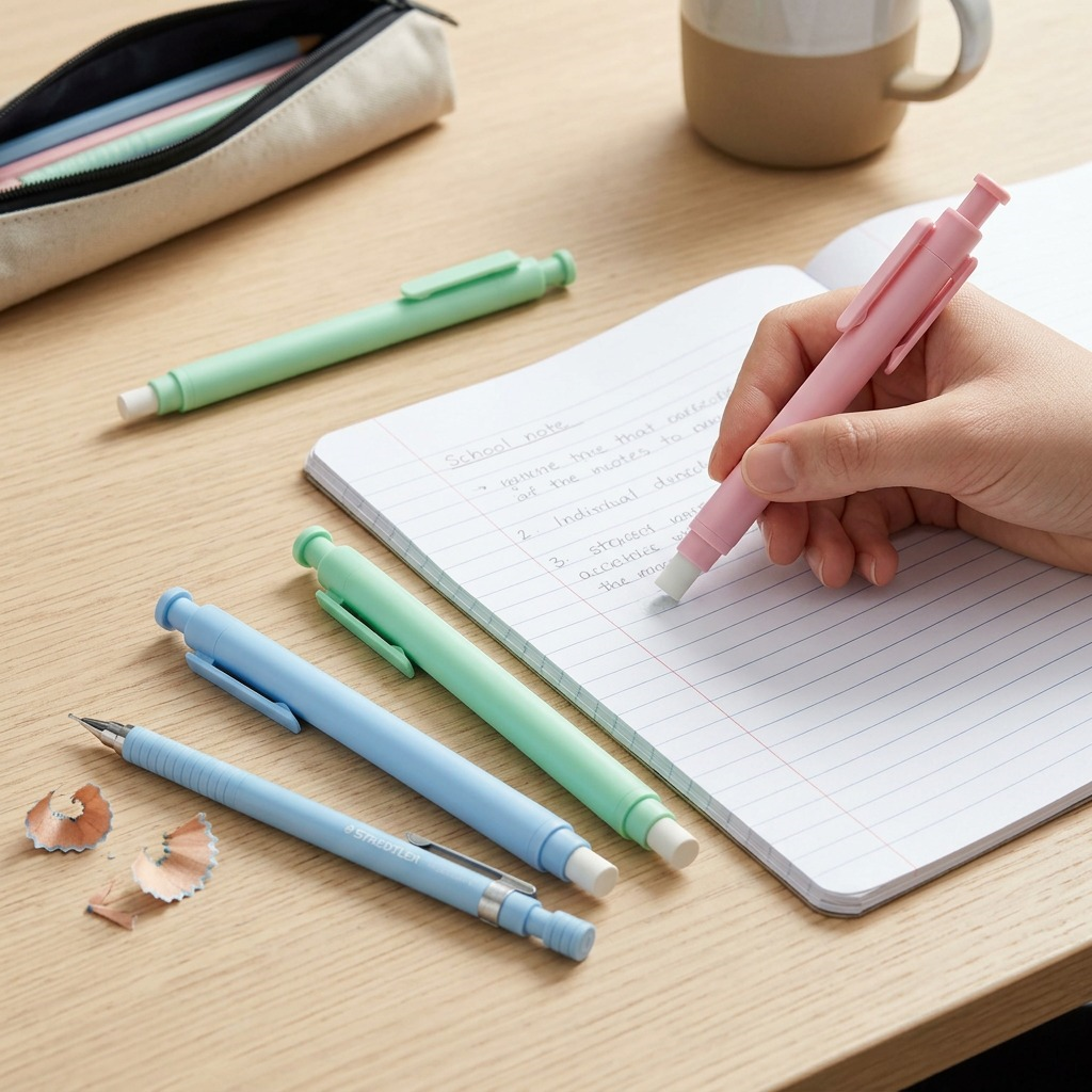 STAEDTLER – Lot de 3 gommes rétractables, couleurs assorties, réf. 528-SBK3A6 — vue en utilisation