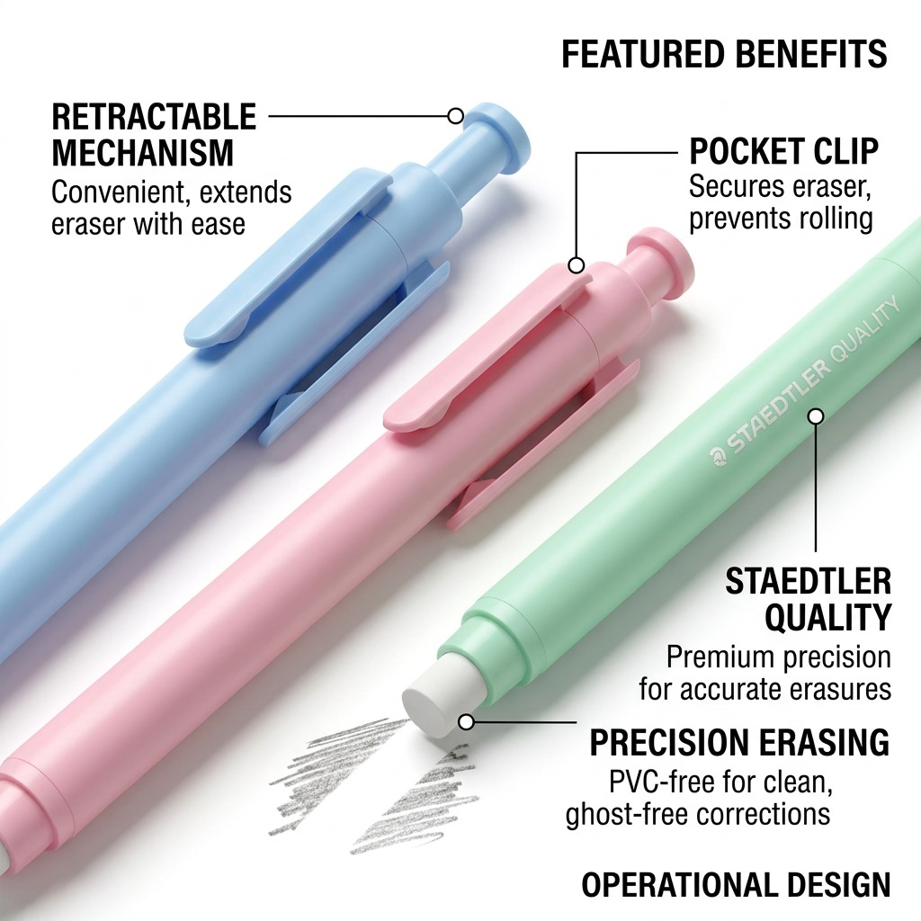 STAEDTLER – Lot de 3 gommes rétractables, couleurs assorties, réf. 528-SBK3A6 — caractéristiques illustrées