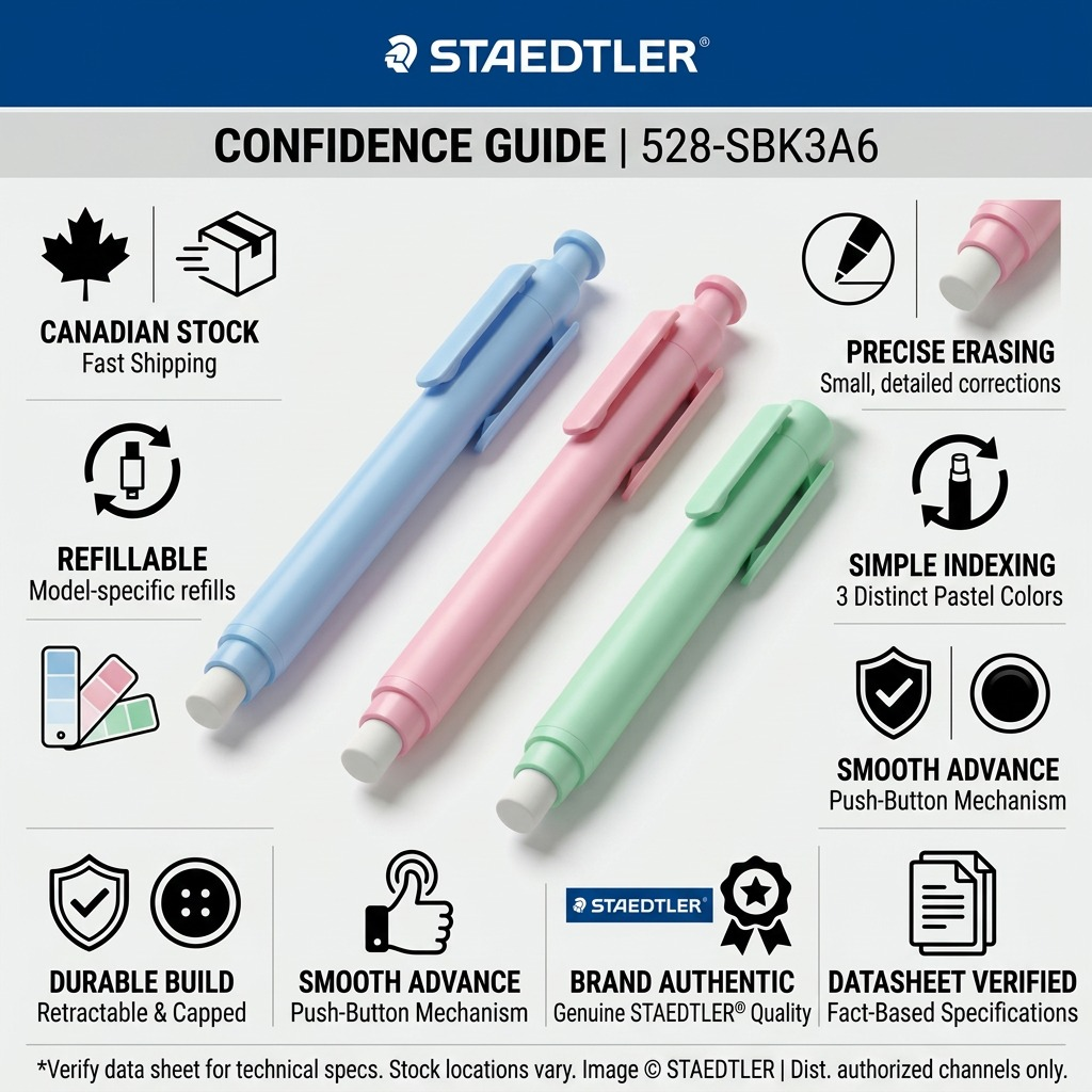 STAEDTLER – Lot de 3 gommes rétractables, couleurs assorties, réf. 528-SBK3A6 — caractéristiques illustrées