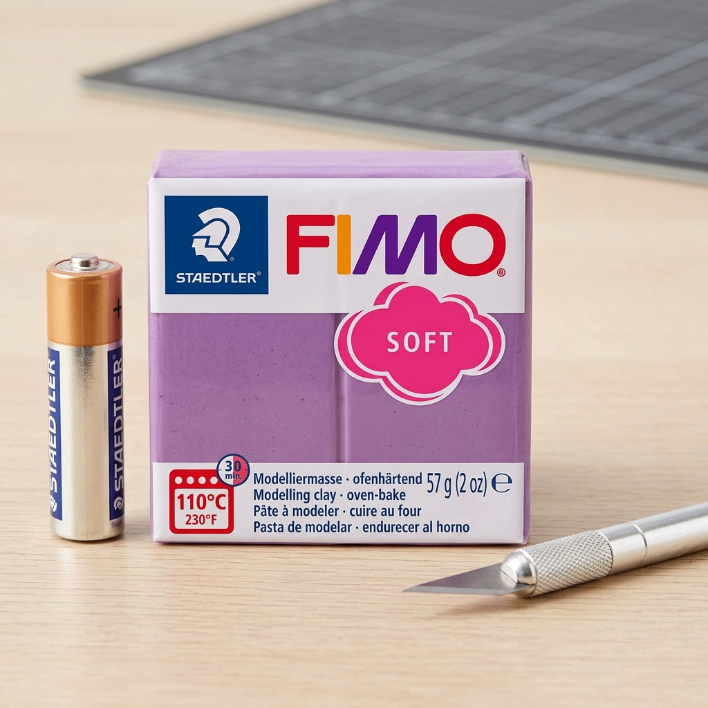 A high-resolution, centered view of a single lavender block of STAEDTLER Fimo Soft Blueberry Shake modeling clay in its clear plastic wrapper.