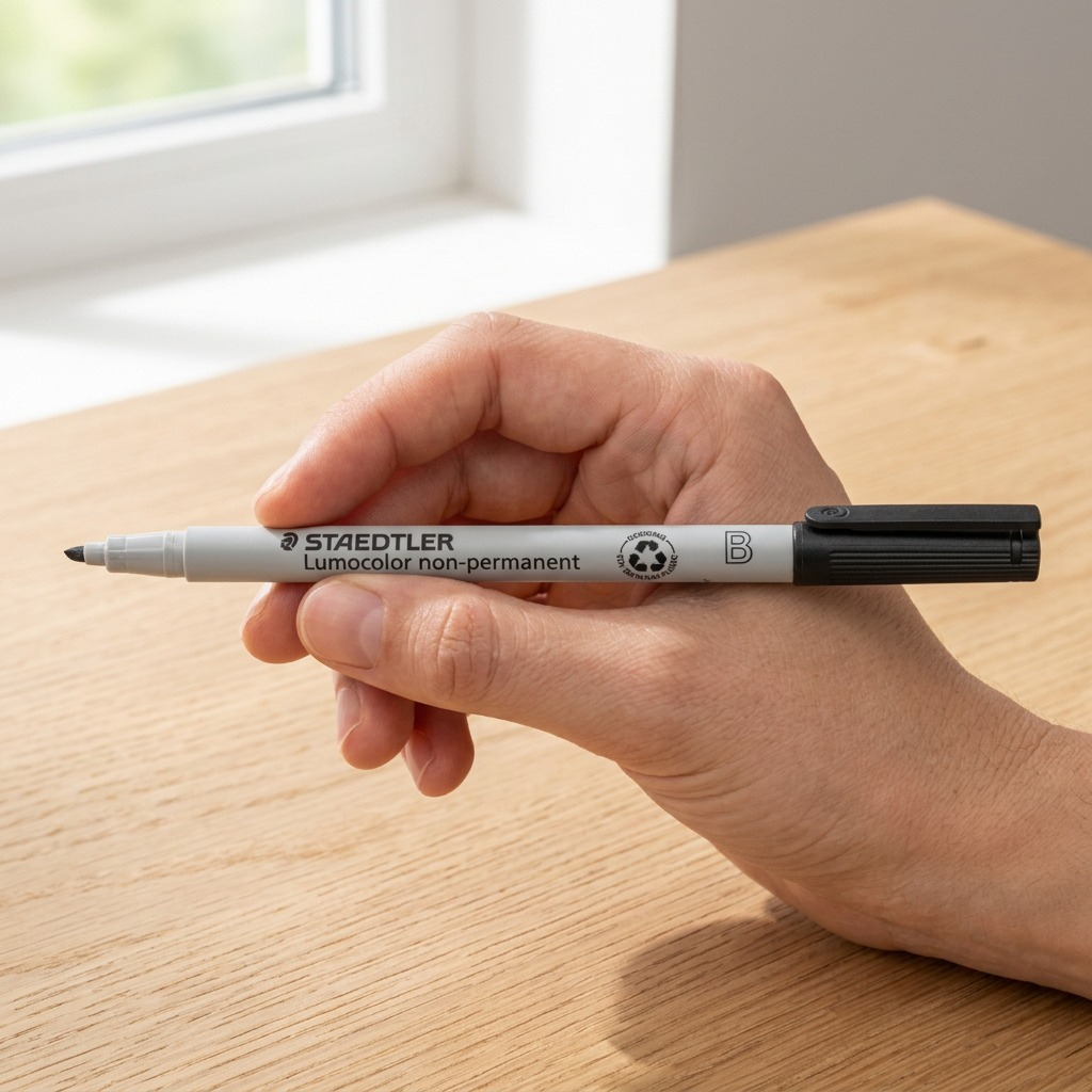 A high-resolution, pure white background product image of a single STAEDTLER Lumocolor non-permanent chisel tip marker in black (312-9).
