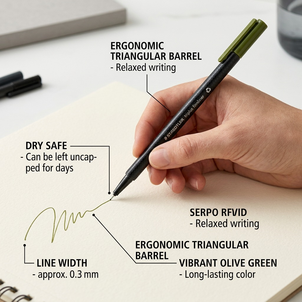 STAEDTLER triplus fineliner – Fineliner vert olive 0,3 mm, réf. 334-57-A7 — caractéristiques illustrées
