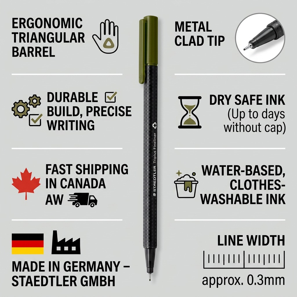 STAEDTLER triplus fineliner – Fineliner vert olive 0,3 mm, réf. 334-57-A7 — caractéristiques illustrées