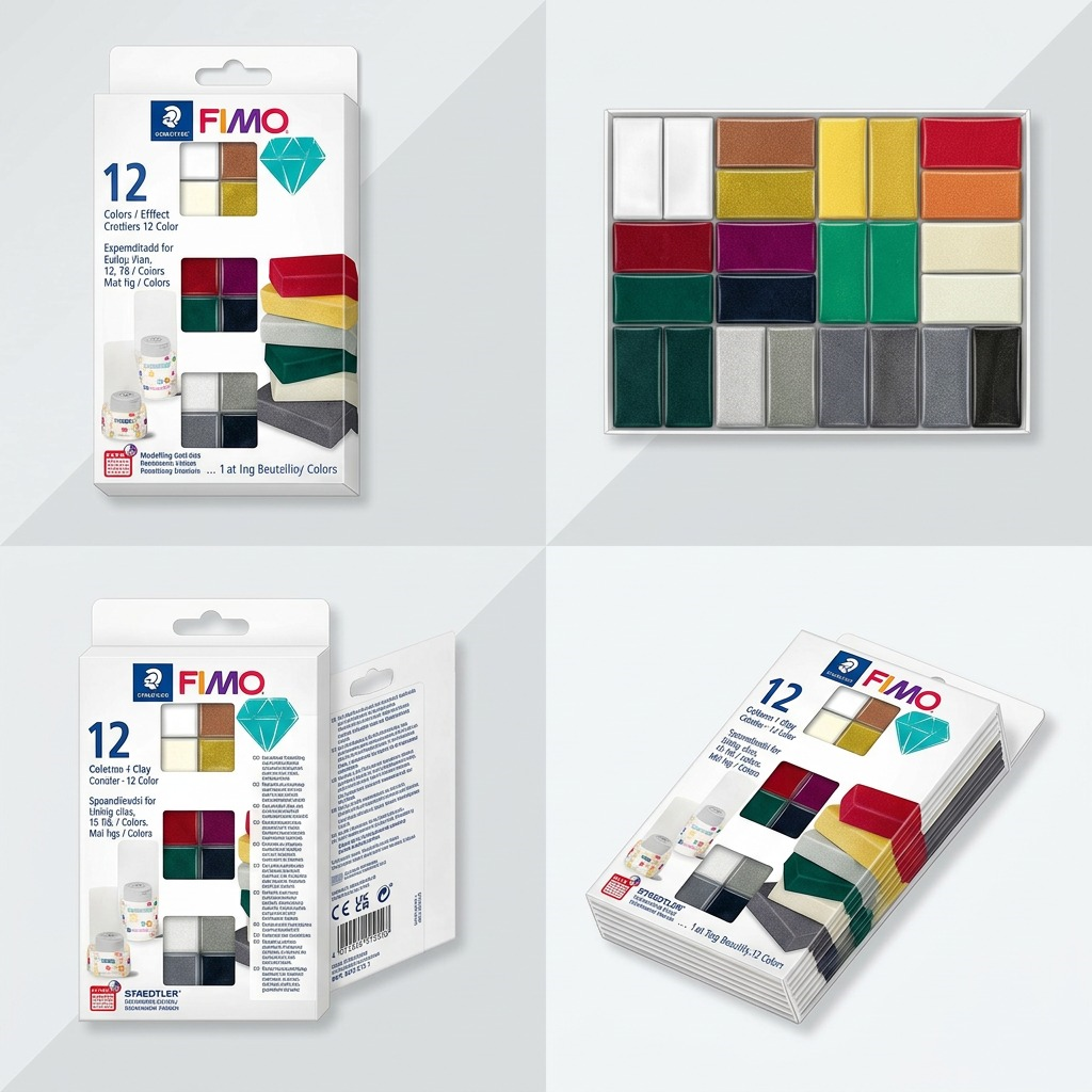 A high-resolution product shot of the FIMO Soft & Effect 12-color variety pack, as seen in image_0.png, centered against a pure white background. The full colorful packaging is visible.