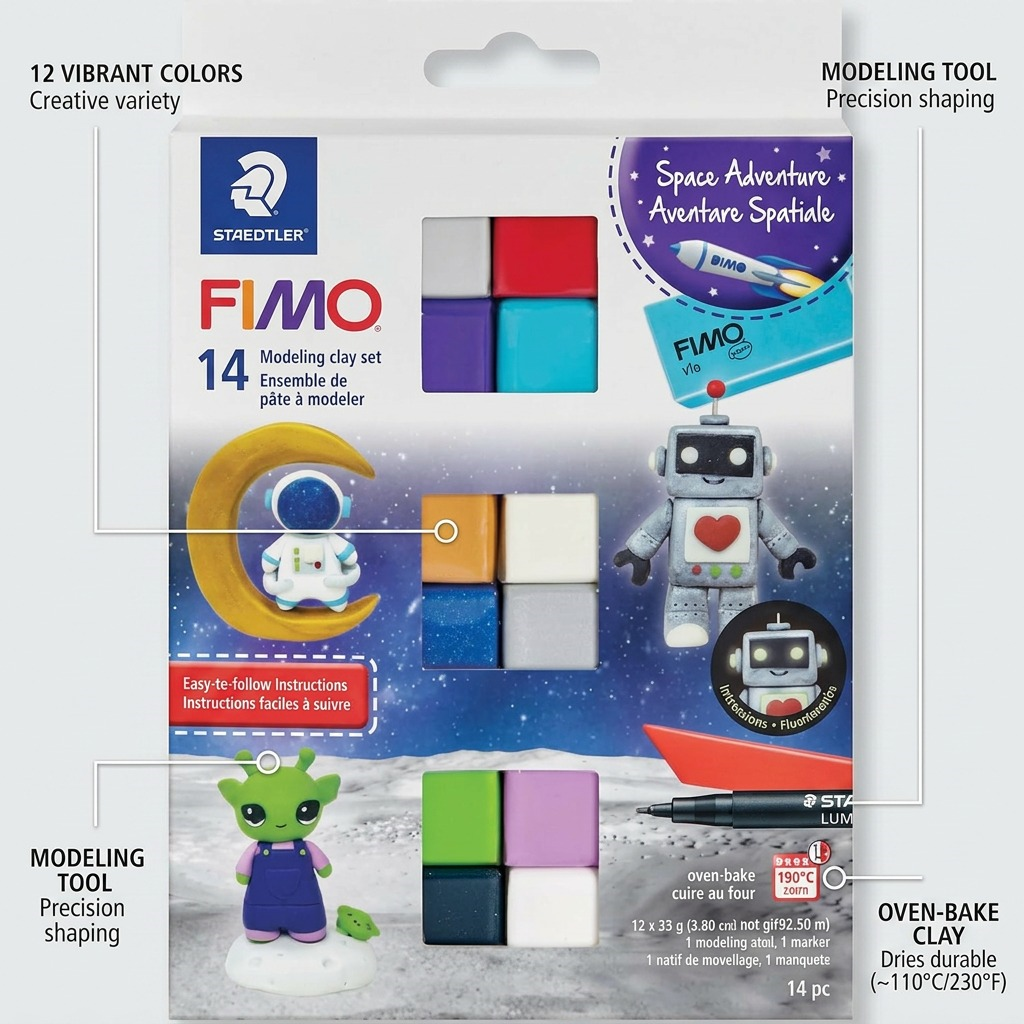 FIMO Soft Galaxy (Galaxie) – Coffret 12 couleurs avec marqueur et outil de modelage, réf. 8023-C14-G — caractéristiques illustrées