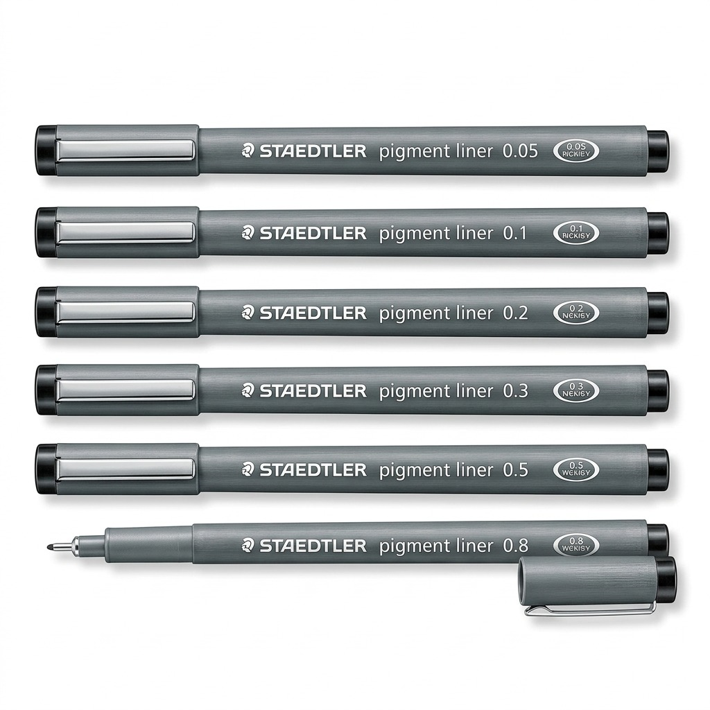 High-resolution hero shot of the Staedtler Pigment Liner set (308 SB6), 6 pens, on white background.