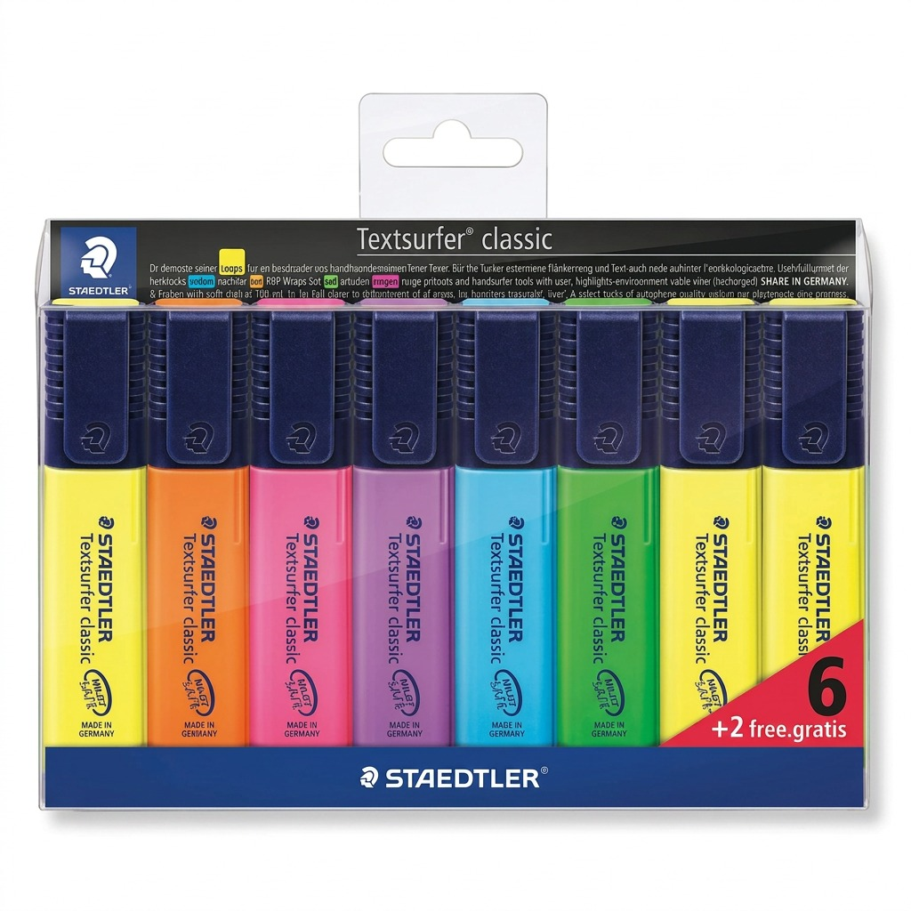 STAEDTLER Textsurfer classic – Ensemble promotionnel de 8 surligneurs (6 + 2), référence 364-A-WP8-03 — vue sur fond clair