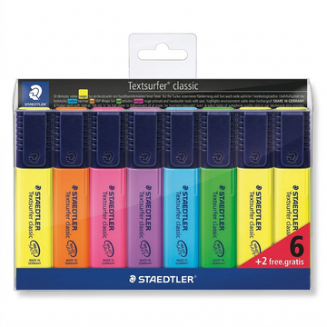 STAEDTLER Textsurfer classic – Ensemble promotionnel de 8 surligneurs (6 + 2), référence 364-A-WP8-03 — vue sur fond clair