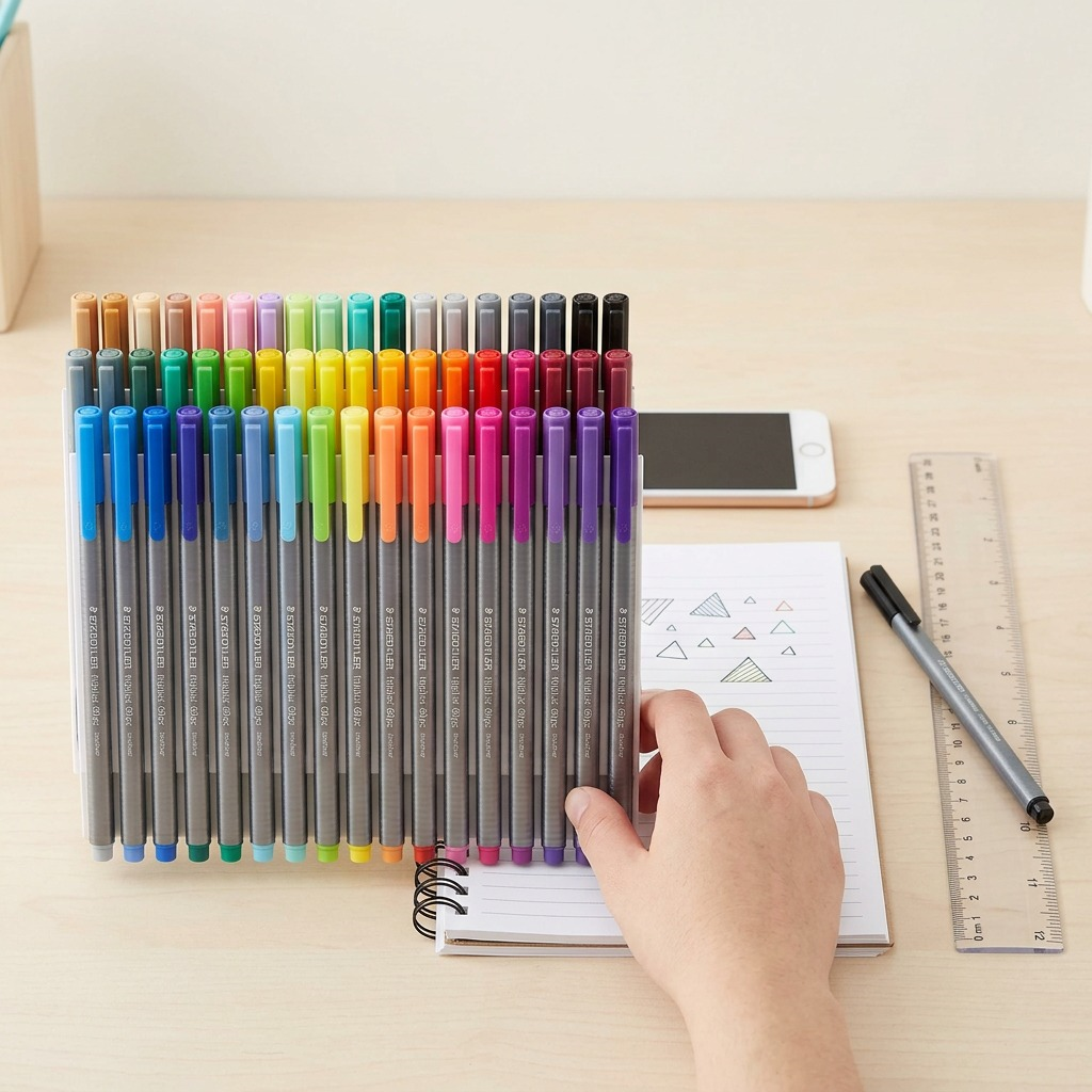 Size reference image showing the comprehensive 60-pen set on a wooden desk with a hand, notebook, and standard 12" ruler.