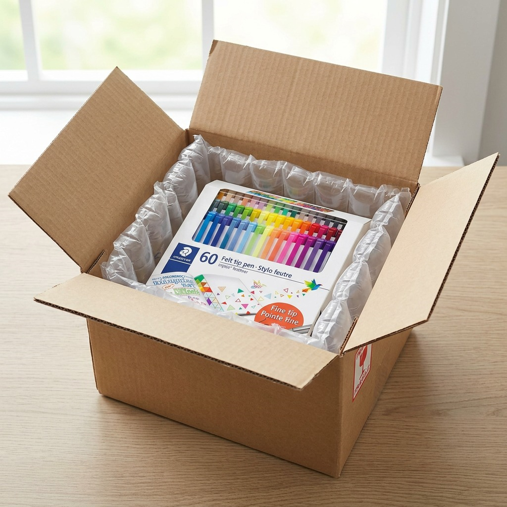 A packed-out view of the 60 STADTLER triplus fineliner pen box from image_0.png, protected by a fitted air cushion and placed within a clean, open cardboard shipping carton.