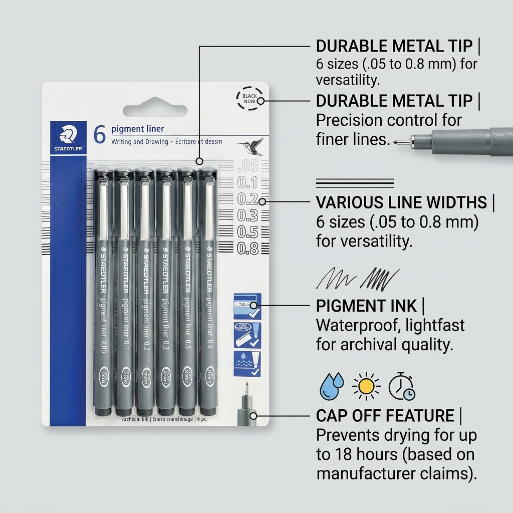 STAEDTLER Pigment Liner – 6 fineliners noirs à pointes assorties, réf. 308-9SBK6 — gros plan des détails