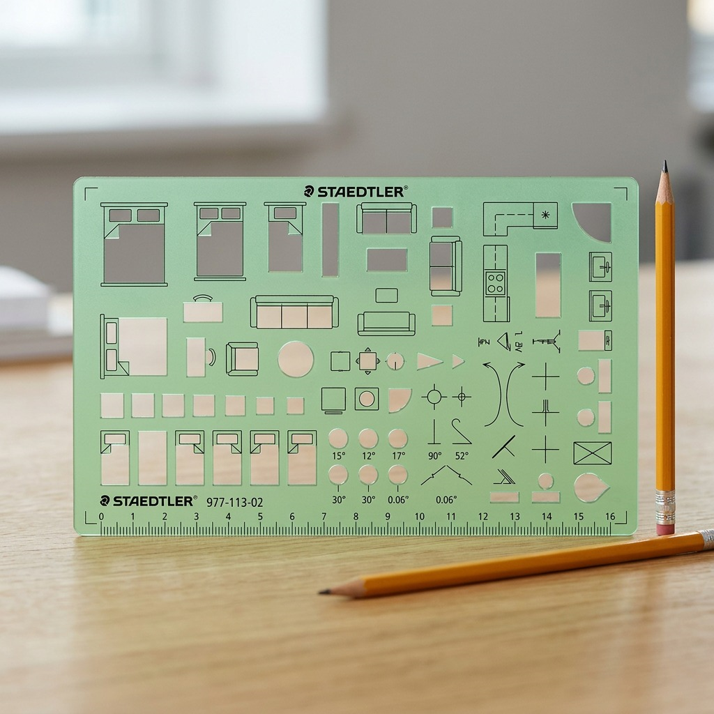 STAEDTLER Template home planning and layout 977-113-02, UPC 031901900151 in a pure high-resolution hero shot on a white background.