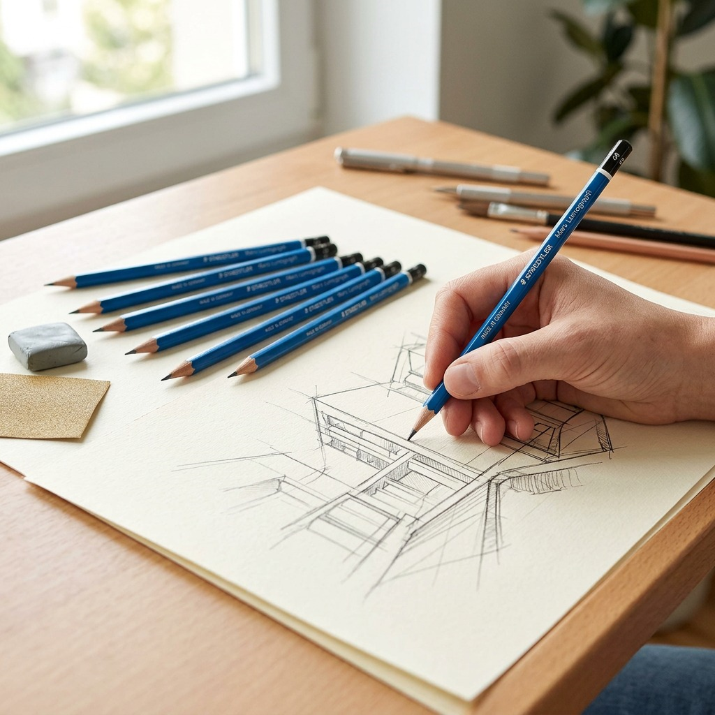 STAEDTLER Mars Lumograph – 6 crayons graphite, réf. 100-G6-12 — présentation du produit en utilisation