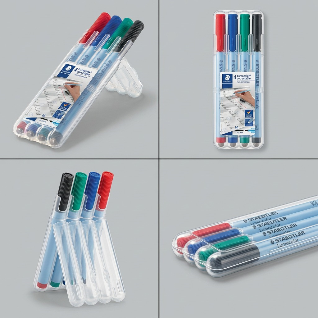 Pure hero shot of the STAEDTLER Lumocolor correctable marker set (305M-WP4-102) in its clear case on a white background.
