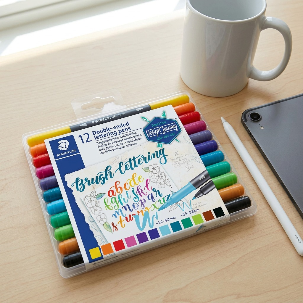 Hero shot of Staedtler 3004-TB12-02 brush lettering pens in a transparent plastic pack, white background