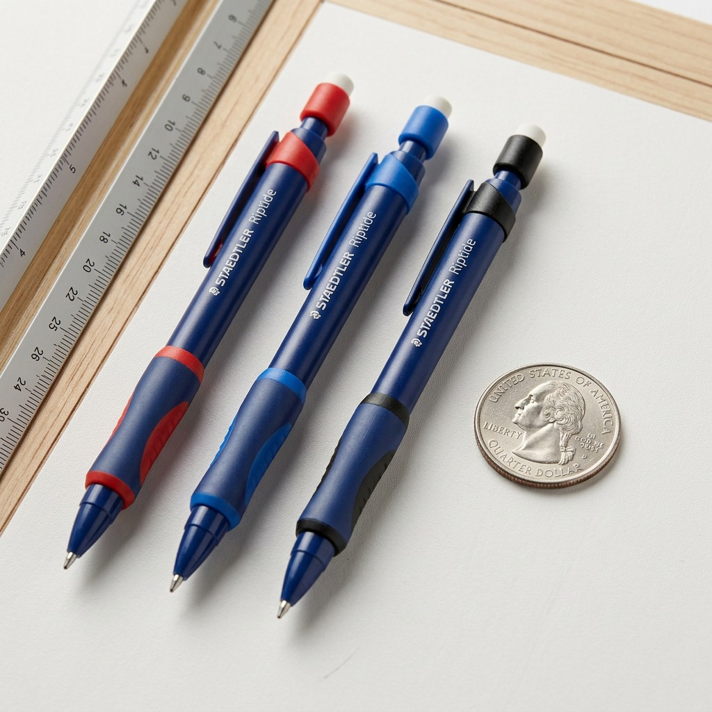 Three STAEDTLER Riptide 0.7mm mechanical pencils with red, blue, and black accents in a hero shot.