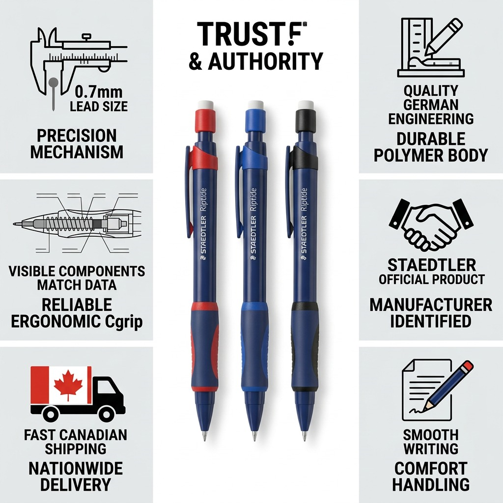 STAEDTLER Riptide – Lot de 3 porte-mines 0,7 mm, réf. 984-07ABK302 — caractéristiques illustrées