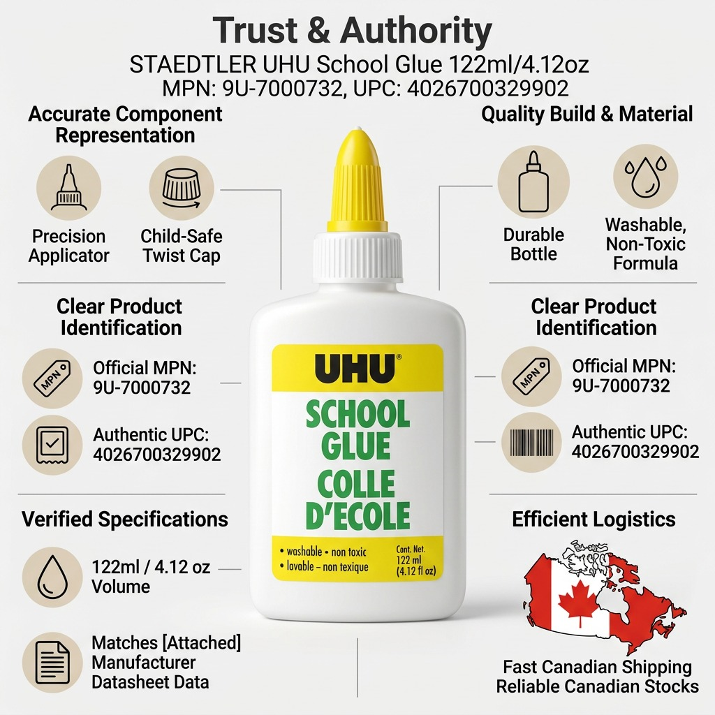 UHU – Colle scolaire 122 ml (4,12 oz), réf. 9U-7000732 — caractéristiques illustrées