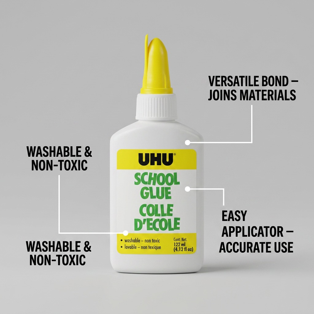 UHU – Colle scolaire 122 ml (4,12 oz), réf. 9U-7000732 — caractéristiques illustrées