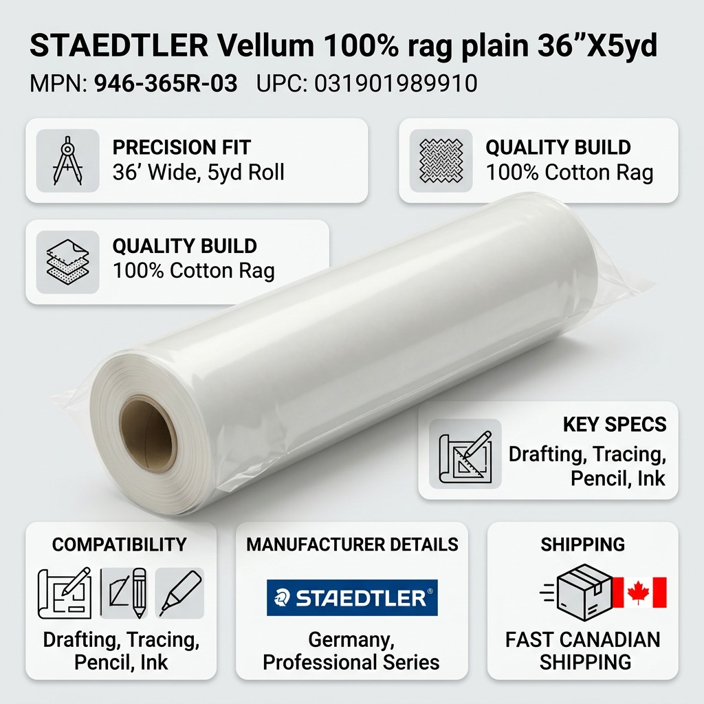 STAEDTLER – Rouleau de vélin uni 36 po × 5 verges, réf. 946-365R-03 — caractéristiques illustrées