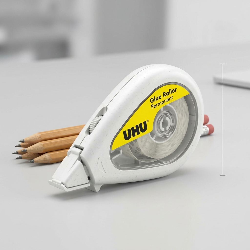 High-resolution hero shot of the white STAEDTLER UHU Glue Roller with permanent tape cartridge, centered on a pure white background with a clean contact shadow.