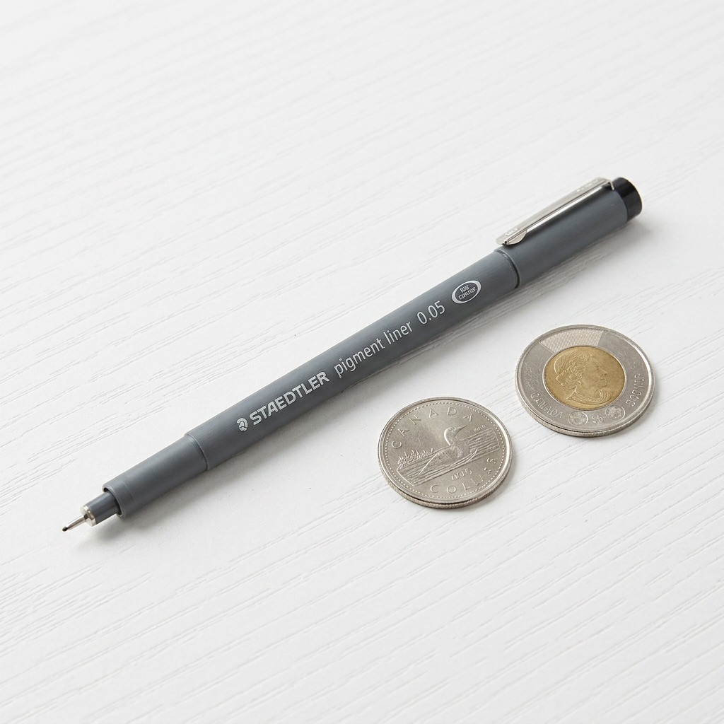 A high-resolution, centered view of the STAEDTLER Pigment Liner 308 0.05 ink pen with cap, on a pure white background.
