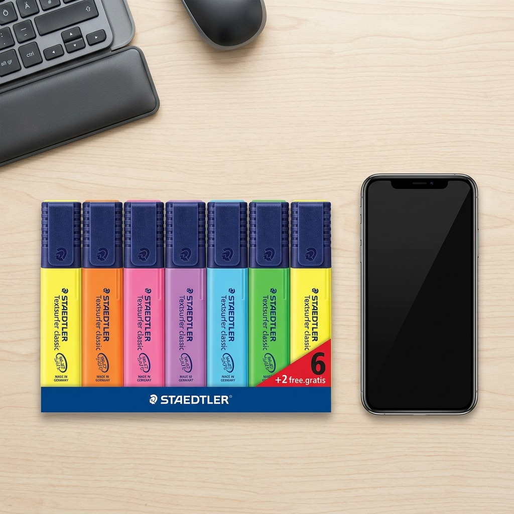 A high-resolution ecommerce hero shot of eight STAEDTLER Textsurfer Classic highlighters.
