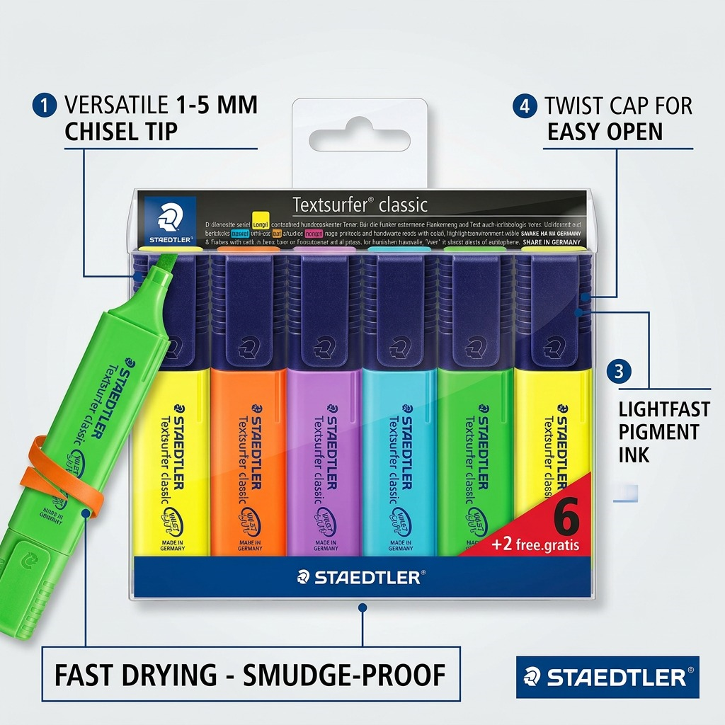 STAEDTLER Textsurfer classic – Ensemble promotionnel de 8 surligneurs (6 + 2), référence 364-A-WP8-03 — présentation des caractéristiques