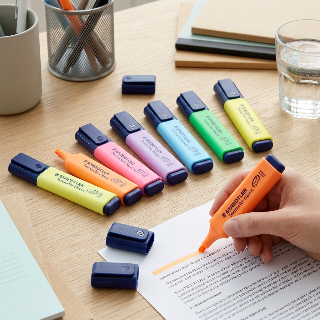 STAEDTLER Textsurfer classic – Ensemble promotionnel de 8 surligneurs (6 + 2), référence 364-A-WP8-03 — vue en utilisation